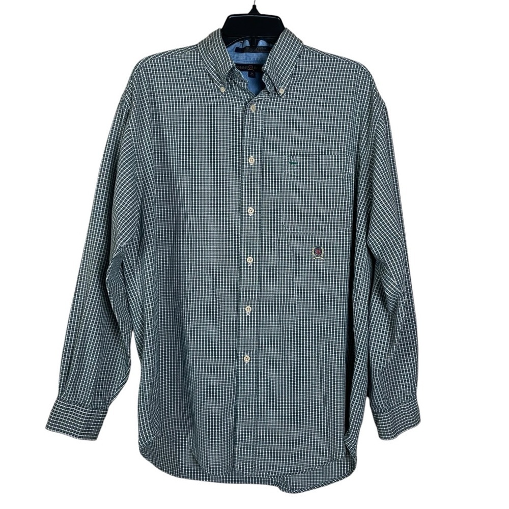 VTG Y2K Tommy Hilfiger Button Down Men’s M Green Check Crest Logo Preppy Shirt